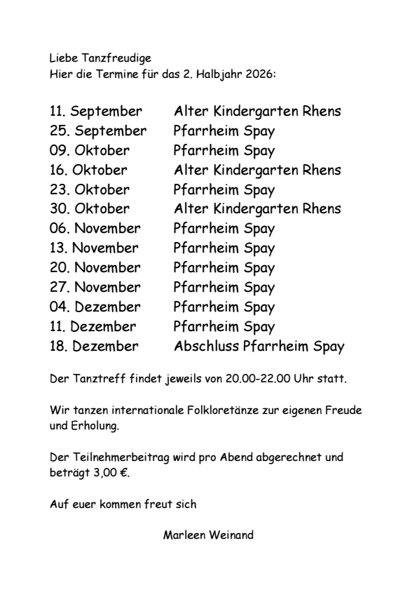 Tanztreff Termine 2. Halbjahr 2026